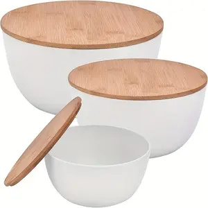 Simple Salad Bowls With Lids, Set Of 3 (7" + 8.8" + 11") Serving Bowls With Bamboo Lids, Bamboo Fiber Mixing Bowls For Salad Cereal Pasta Soup Fruit Popcorn Chips