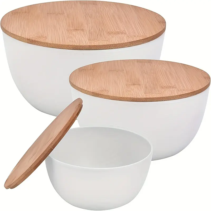 Simple Salad Bowls With Lids, Set Of 3 (7" + 8.8" + 11") Serving Bowls With Bamboo Lids, Bamboo Fiber Mixing Bowls For Salad Cereal Pasta Soup Fruit Popcorn Chips