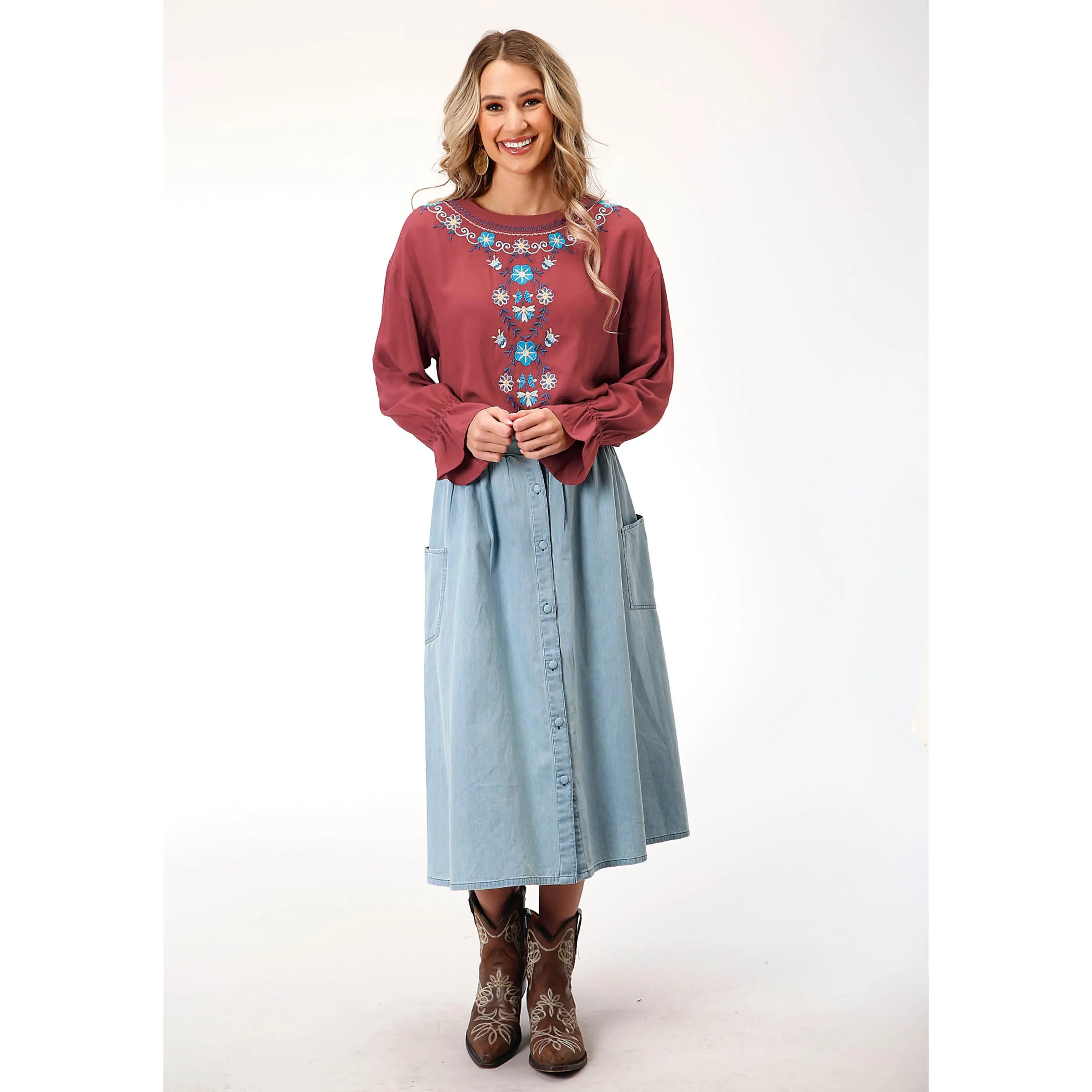 Womens Long Sleeve Barn Red Solid Rayon  Blouse
