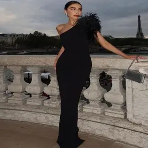 New Dress With Noble Temperament, Solid Color Off-shoulder Splicing Feathers Slim And Long Evening For Women Fabric Formal