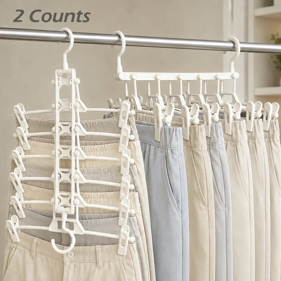 2-Count Folding Pants Hangers. 6-Tier Magic Pants Hanger,spacesaving, multi,compact storage,Multifunctional Non-slip Pants Hanger,Wardrobe Organizer with Adjustable Clips,for Pants,Jeans,Leggings,Trousers&Skirts.Improve closet storage efficiency.