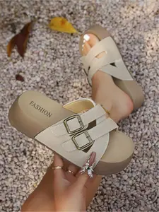 Women's Crisscross Double Buckle Platform Slides, Faux Suede Wedge Heel Sandals, Casual Open Toe Summer Slippers for Indoor Outdoor