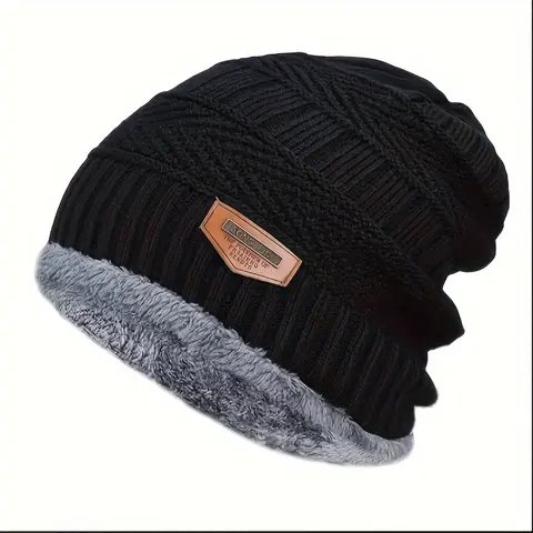 Unisex Plush Winter Beanie - Black Knitted Cap for Men and Women, Thick Breathable Design, Ideal for New Year's Day Outdoor Sports, Warm Sports & Outdoor Headwear