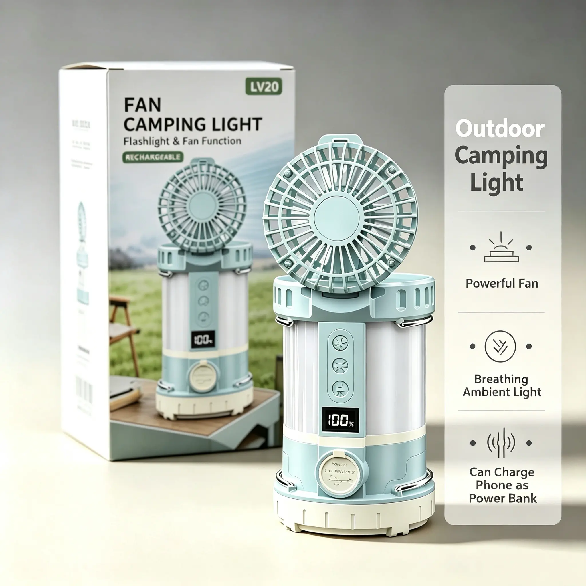 3-in-1 Rechargeable Camping Fan + Light with Rotating Head, LED Lamp, Flashlight, Built-in Portable Charger, Compact Hanging Hiking Gear for Outdoor Camping, Indoor Use (Long Battery Life, Adjustable Color Temperature)