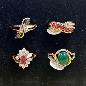 Gold Plated Rings Size 7 Bundle of 4 with Variety of Gemstone Designs and Gold Plating Finish