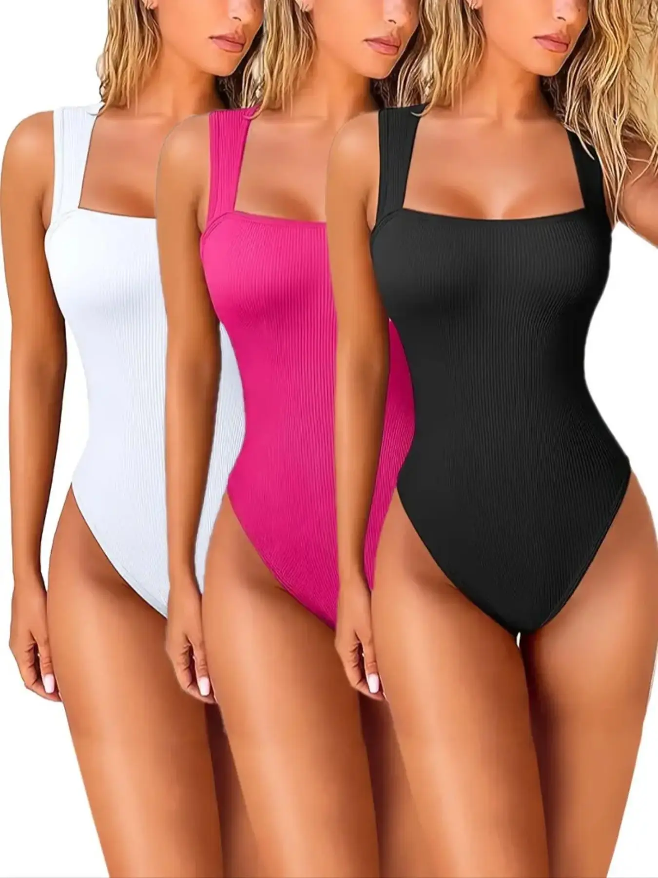 Women's Solid Color Open Crotch Design Ribbed Sports Bodysuit, Casual Sporty Square Neck Sleeveless Tummy Control Bodysuit for Yoga Gym Workout, Ladie
