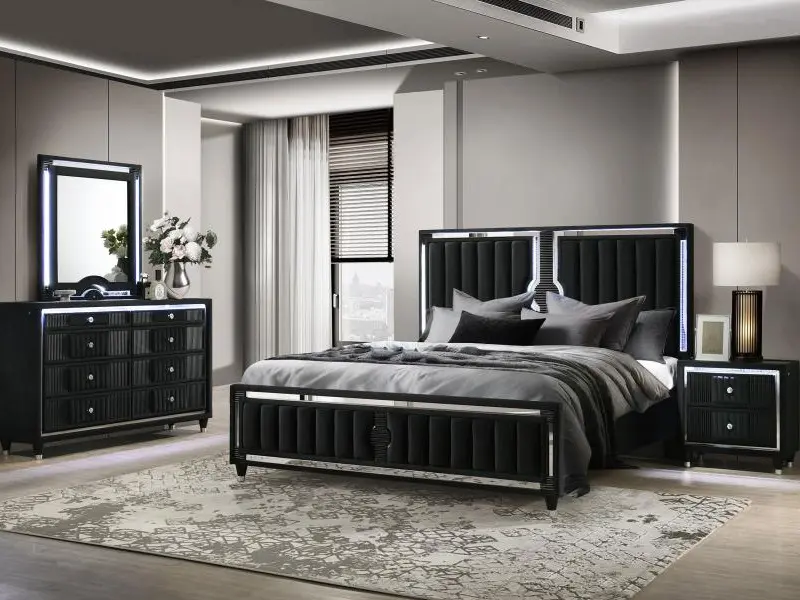 COASTER 223191Q-S4 4-Piece Ravenne Queen Black Velvet Upholstered Bedroom Set - Queen Size Bed, Nightstand, Built-in LED Lighting, 2 USB Ports, Assembly Required, Indoor Furniture for Bedroom Decor