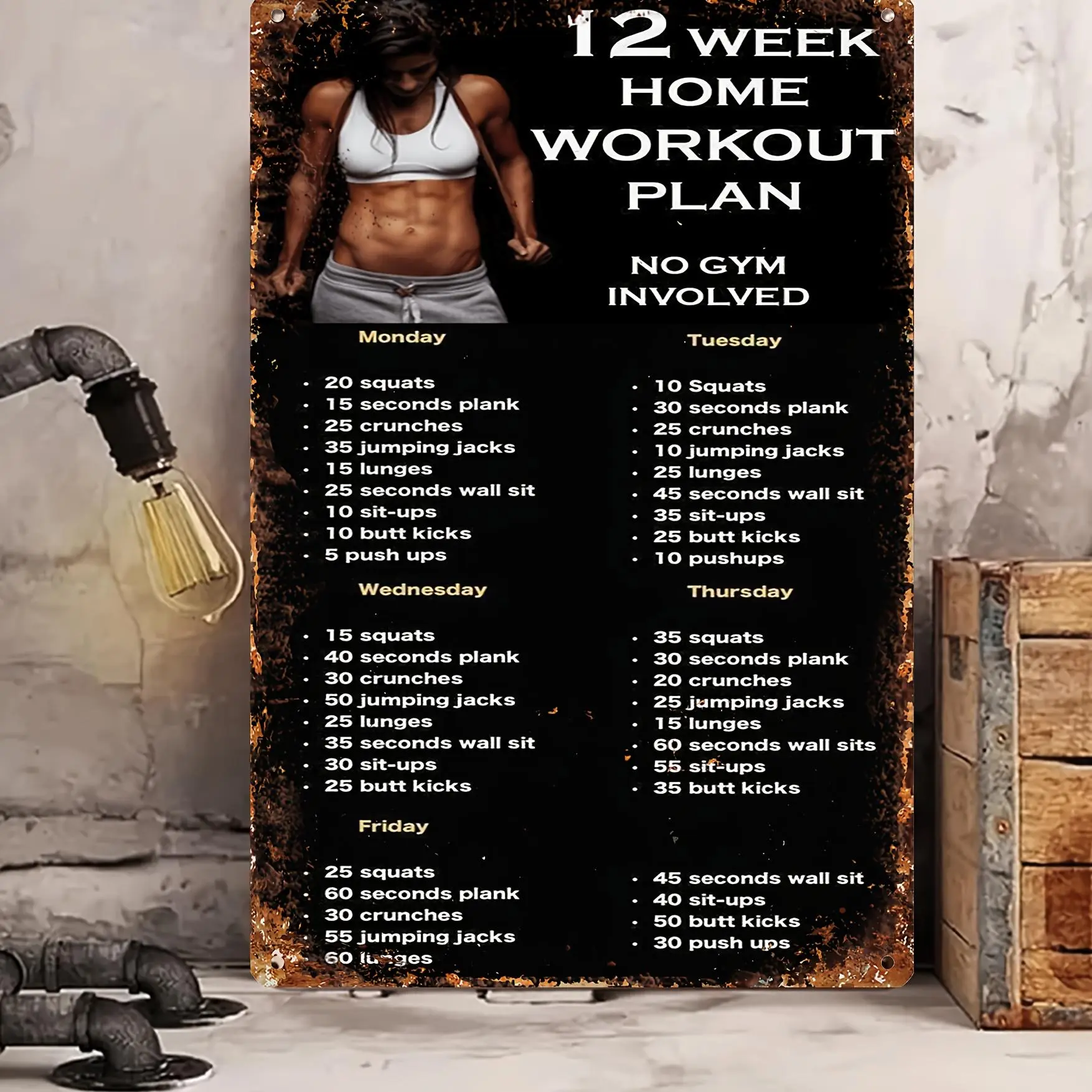 Vintage Metal Home Gym Workout Plan Sign, 1 Count Gym Involved Wall Decor, Multi-functional Iron Plaque for Home Gym Decor, Vintage Garage Signs