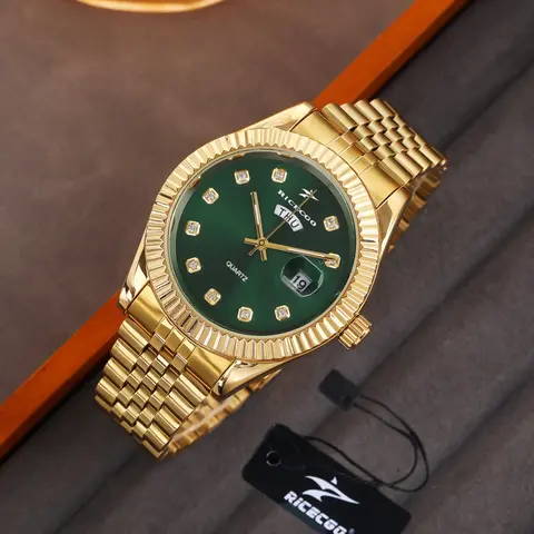 RICECGO 1pc men's quartz analog watch, Luminous High End Fashionable Wristwatch, water brick decoration, round dial, large dual calendar function, wide daily use, gift box, birthday or special occasion gift, Quartz Watches