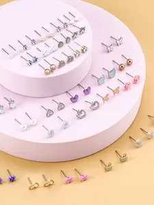 Women's 30 Pairs Cute Cartoon Earrings Set, Kawaii Sweet Animal Flower Star Heart Ear Studs, Mini Elegant Daily Party Gift Jewelry