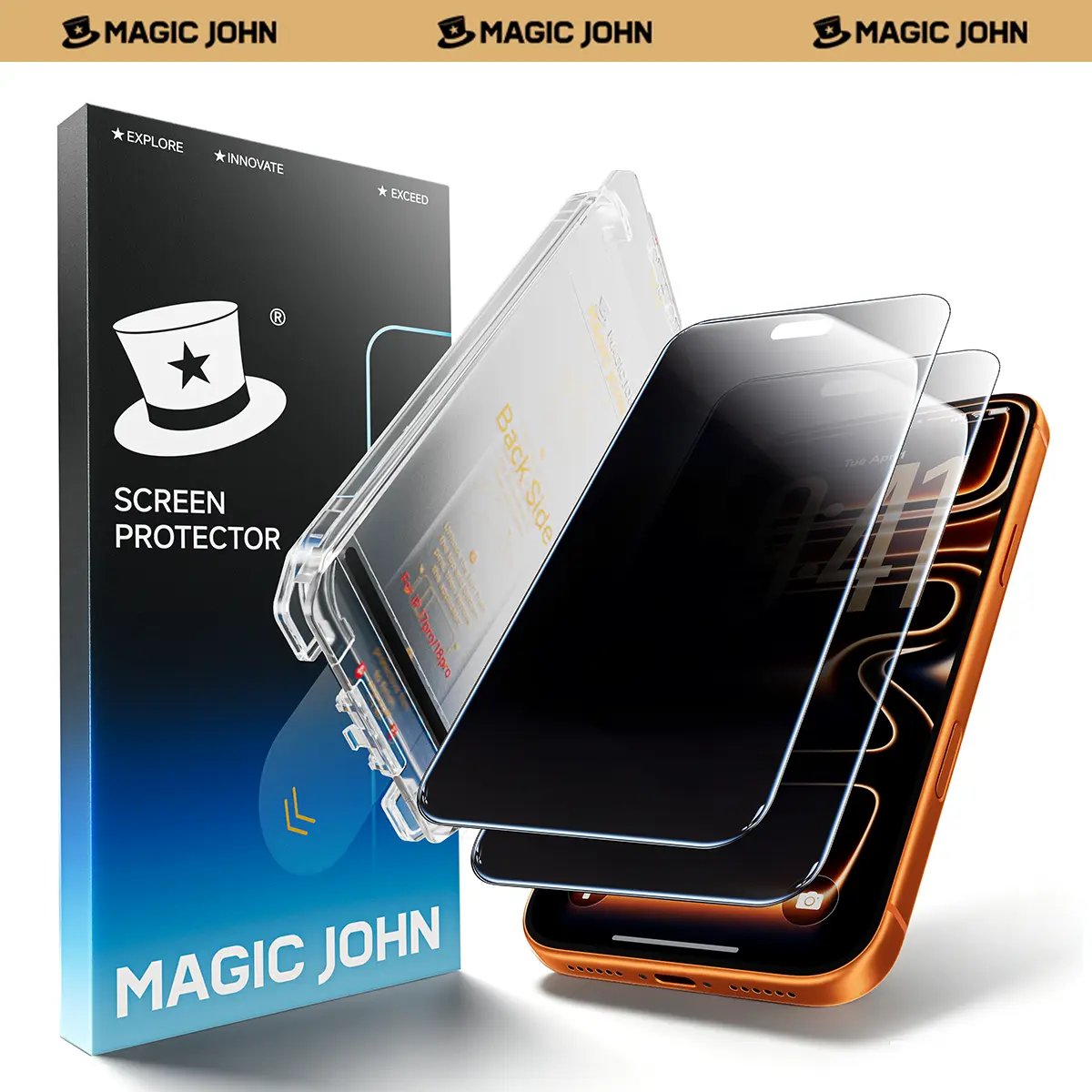 MAGIC JOHN MagicView Screen Protector for iPhone 17/16/15 Series, 2-Pack, No Black Border 0.33mm Tempered Glass, Auto Dust Removal Easy Installation, HD Clear or 28° Privacy, Case-Friendly