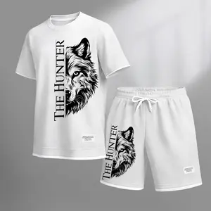 Men's "The Hunter" Wolf Head Graphic Print Waffle Short Sleeve T-Shirt & Shorts Set, Summer Lightweight Casual Sporty Two-Piece Outfit, Streetwear for Gym & Daily Wear