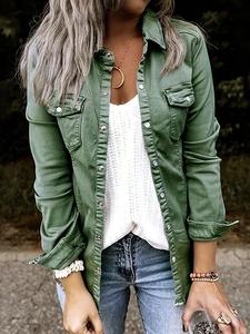 Women's  Denim Top with Ruffle Edge Shirt Fit Polyester Elegant Daily Wear Blouse Long Sleeve Regular Fit Medium Length Chic Womenswear
