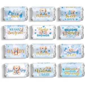 90 Pcs Blue Bear Baby Shower Candy Wrappers,Mini Candy Bar Miniatures Wrappers Chocolate Bar Label Stickers for Baby Shower Decor