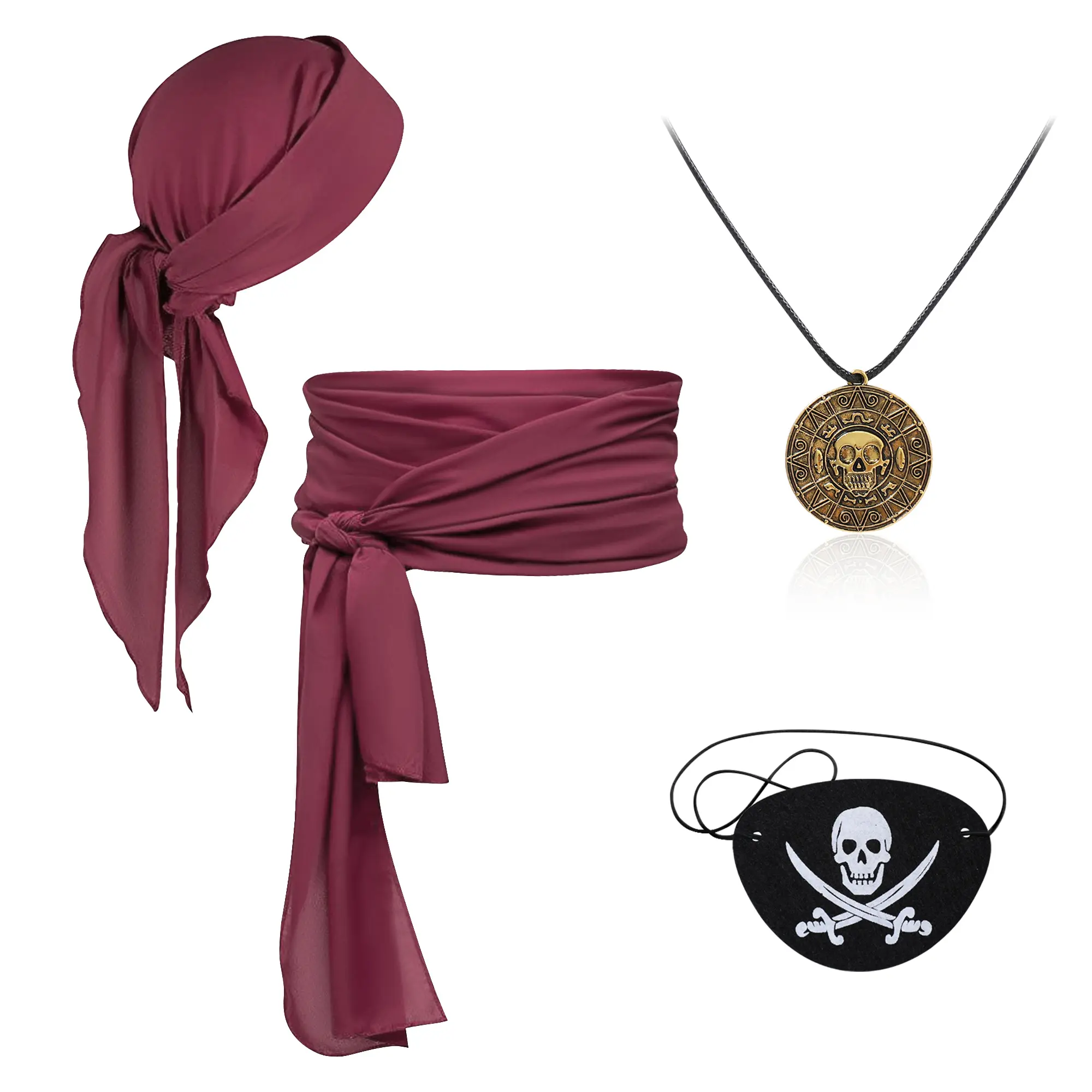 4-Piece Pirate Costume Accessories, Vintage Cotton Blend Fabric Set for Adults & Kids, Includes Soft Bandana, Sash, Skull Eye Patch & Necklace for Halloween Cosplay, Scarf, Dress, Clothes, Birthday, Belt, Fabrics, Polyester Womenswear Fit, Girls, Thanksgi