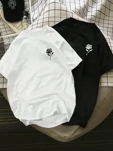 Minimalist Rose Graphic T-Shirt, Contrast Color Small Chest Print Tee, Classic Crew Neck Shirt, Casual Couple Matching Short Sleeve Top, Trendy Minimalist Floral Aesthetic Cotton Tee for Rose Lovers, Minimalist Fans and Couple Outfit Enthusiasts