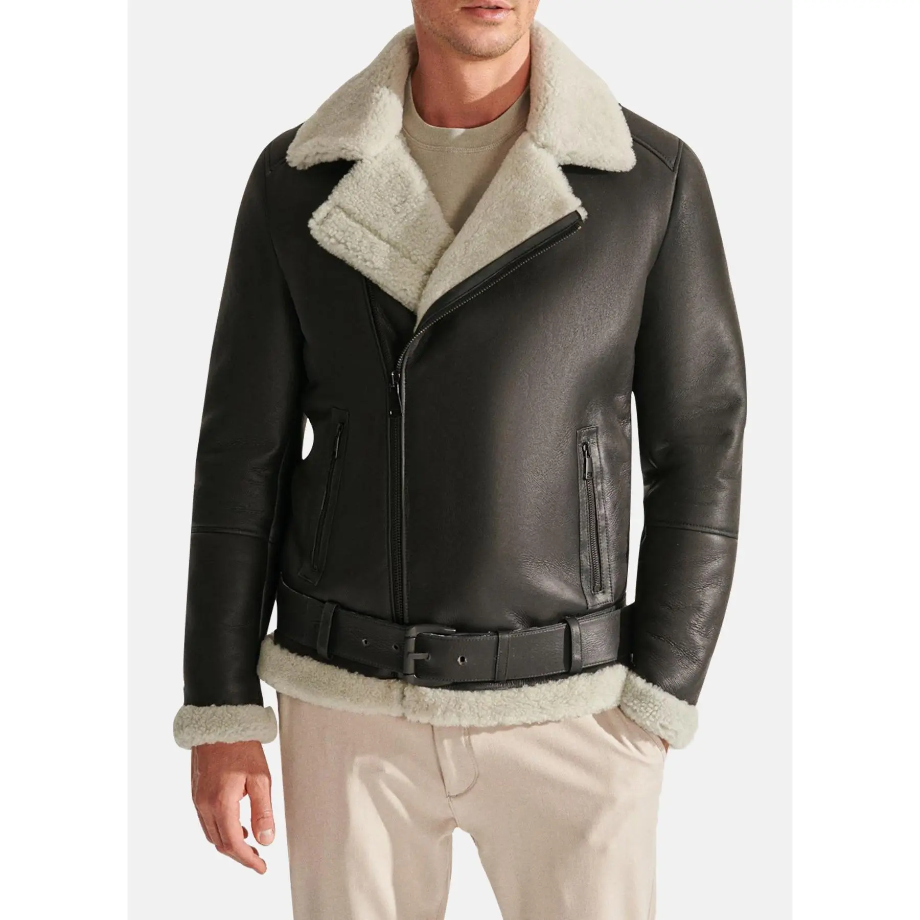 Mens Coal Black Shearling Leather Jacket