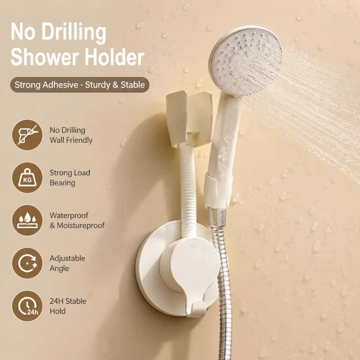 1 Count Shower Head Holder, 360 Degree Adjustable No-Drill ABS Wall Mount Bracket with Hook for Bathroom Shower Use