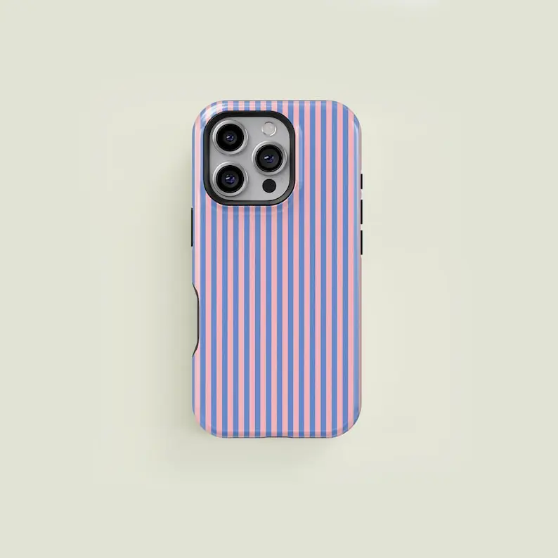 Classic Striped Light Blue & Light Pink Premium Film 2 in 1 Phone Case - Durable, Shock Absorbing and Stylish Protection - Compatible with iPhone 16, 15, 14, 13, 12, 11, Plus, Pro, Pro Max, Perfect birthday gift for friends.