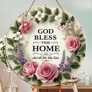 2D Flat - Wooden Round Sign That Says 'God Bless This Home And All Who Enter' Suitable for Wall Art Decoration in Homes, Bars, And Cafes, Featuring a Vintage Style And Lightweight Design