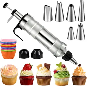 Dessert Decorating Syringe Set, Icing Piping Kit Stainless Steels Cake Decorating Tools 6 Piping Icing Nozzles Cupcake Decorating Kit