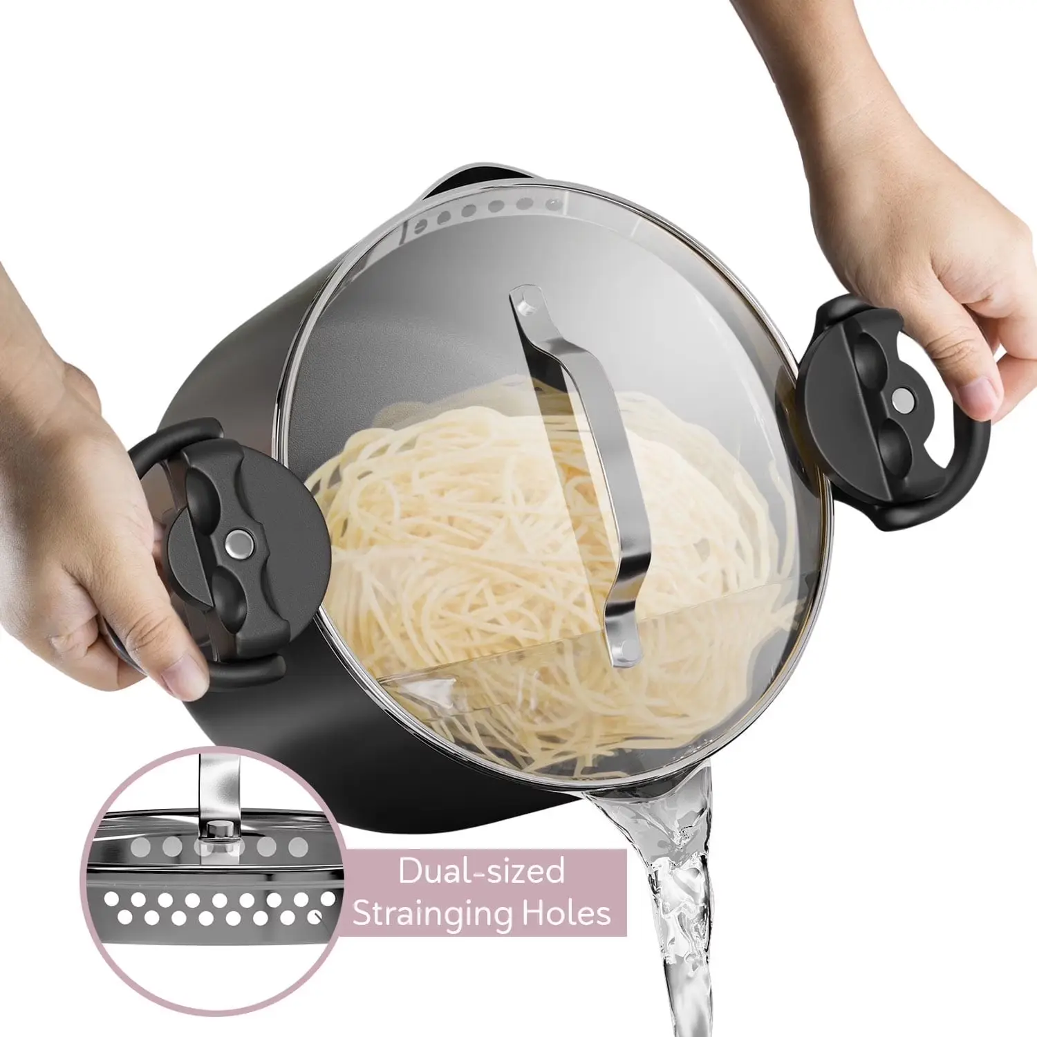 5 Quart Ceramic Stock Pot with Built In Strainer Lid, Nonstick Soup and Pasta Cooking Pot with Heat Resistant Handles, Matte Black