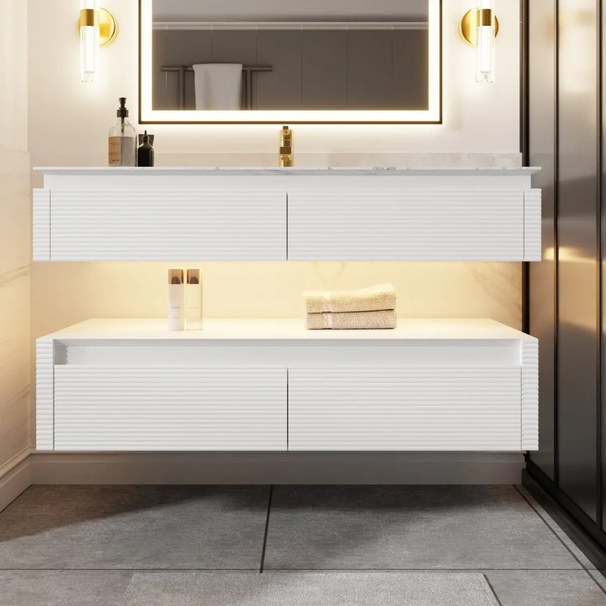 Segeo 48" Modern Solid Oak Floating Vanity Bathroom Cabinet with Lights and Artificial Stone Countertop