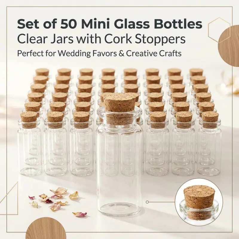 Set of 50 Mini Glass Bottles with Cork Stoppers, Clear Small Jars, Storage Containers for Wedding Favors, Party Decorations, DIY Crafts, Spices & Sample Storage