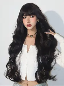 Long Wavy Bangs Wig Cap, Heat Resistant Fiber Synthetic Material Wigs for Daily Use & Parties, Stylish Fashion Accessory for Women, Machine Made Wig, Loose Wave Wigs
