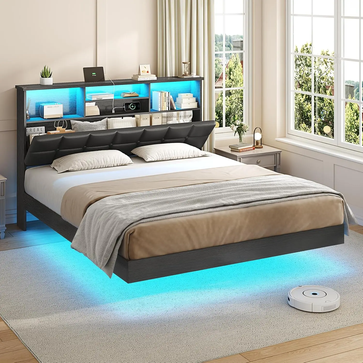 VIAGDO Full Size Floating Bed Frame - Multifunctional Headboard, Hidden Storage, USB-Type-C Charging Station, LED Lights, No Box Spring Needed, Strong, Stable, 350 lb+ Capacity, Black Indoor Apartment Furniture