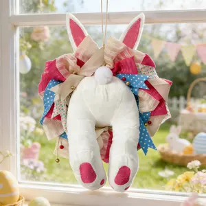 Easter Bunny Butt Wreath with Pom-Pom Tail & Decorative Bows - Spring Door Wall Decor, Cute Rabbit Rear Wreath for Home, Easter Party Decoration & Holiday Gift