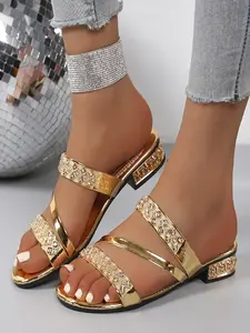 Gold & Black Bling Diamond Sandals - Comfy Low Heel Summer Slippers for Ladies Glitter Sandal
