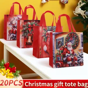 20PCS Christmas Gift Tote Bag Unisex Non-Woven Santa Reindeer Stocking Bell Designs 9x8.6x4.3 inch Holiday Party Favors Treat Bags Goodie Bags for Xmas Ships from USA FAST Delivery Pack