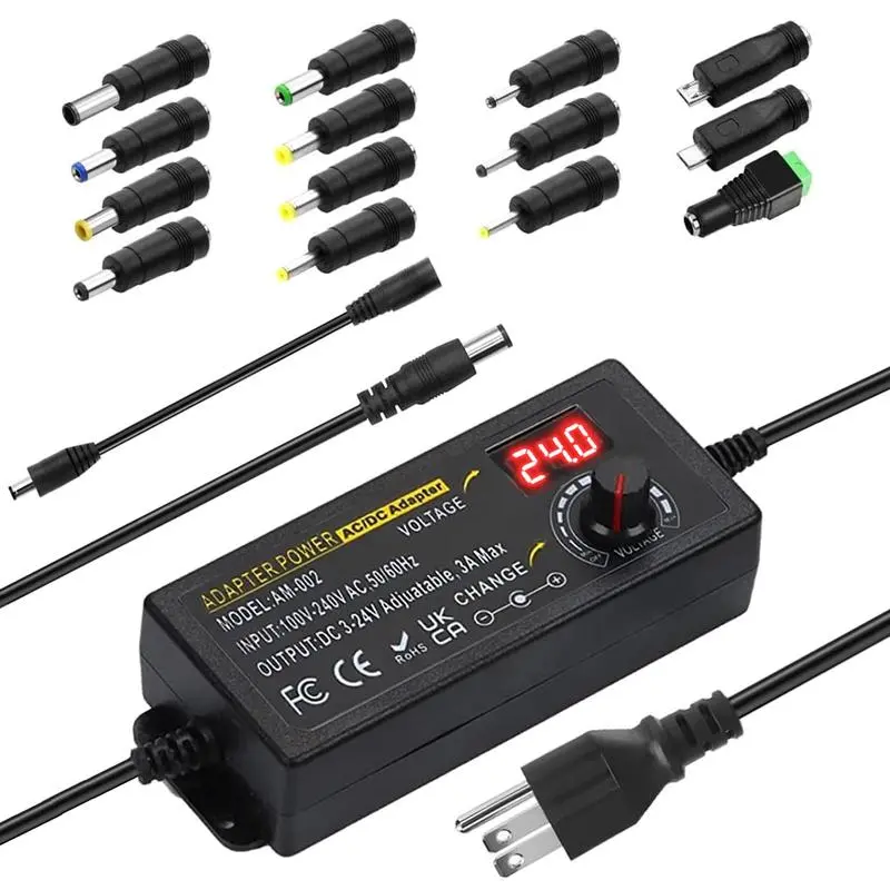 [Father’s Day Gift] MAT Universal Power Supply, Plug Converter, Adjustable from 3.5 to 24V at 2A, AC to DC Adapter, US Power Plug, Featuring an LCD Screen And Digital Display, Includes Reverse Polarity Wiring And 14 Retractable Dual ultra-fast charging