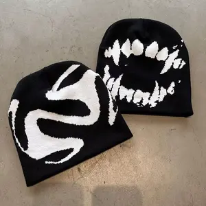 Unisex Y2K Knit Beanie Hat – Gothic Tooth Streetwear Beanie for Women & Men, Vintage Harajuku K-Pop Style Winter Skull Cap, Soft Warm Hip Hop Fashion Beanie for Casual Everyday Wear
