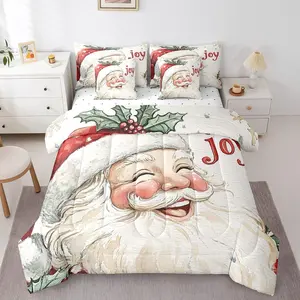 Feelyou Santa Theme 7-Piece Complete Bed Set - Kids Christmas Bedding Including Comforter, Sheets, Pillow Cover for Holiday Celebrations