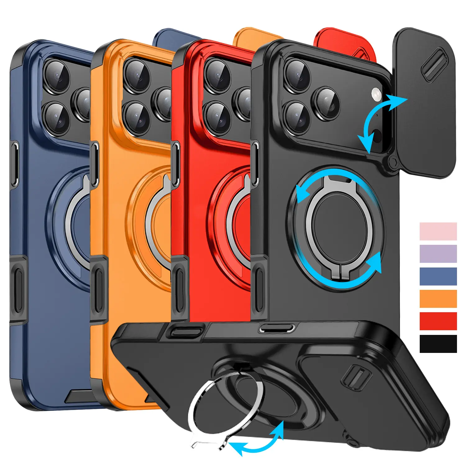 Oceantree Protective Casing for iPhone 17 Pro Max,16,15,14,13,12 - Magnetic Shockproof Phone Accessories, Slide Cover Camera Lens Protector, 360° Metal Ring Handheld Holder, Military Grade Protection, Car Mount Compatible, Orange