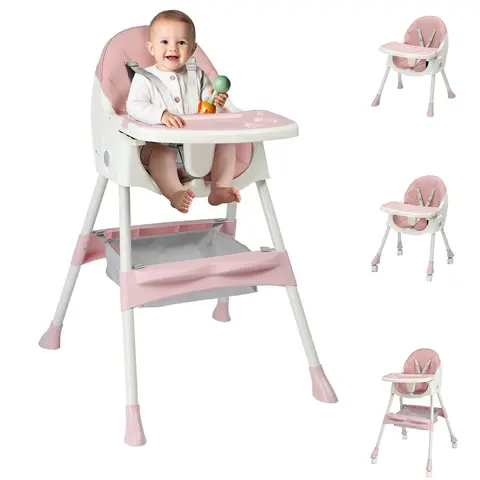 JOYMOR Plastic Multifunctional Foldable High Chair for 6-9 Months Toddlers, 2-in-1 Portable Convertible Toddler Folding Chair with Adjustable Removable Dual-Layer Tray, 5-Point Safety Harness, Storage Bag for Baby Items (Highchairs, Seats & Accessories)