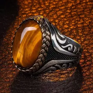 Men's Oval Brown Tiger Eye Silver Domineering Ring ring Cross maker