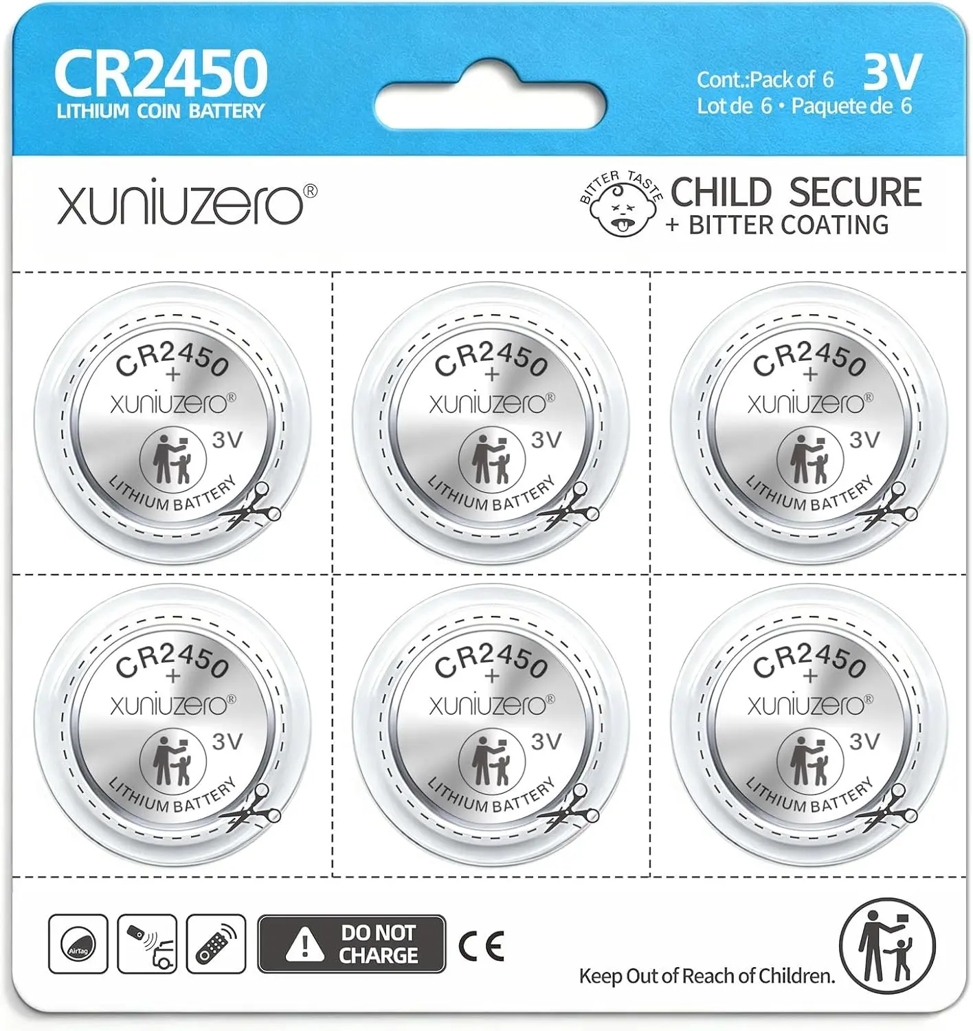 6-Pack CR2450 Coin Cell Battery, 3 Volt, Long Lasting Power, Mercury-Free, Child-Safe Package, for Key Fob,Door Sensor, Security System and More