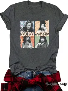Women's Mom Vibes Round Neck Graphic Tee, Vintage Trendy Casual Short Sleeve T-shirt for Daily Wear, Ladies Outfit for Spring, Top
