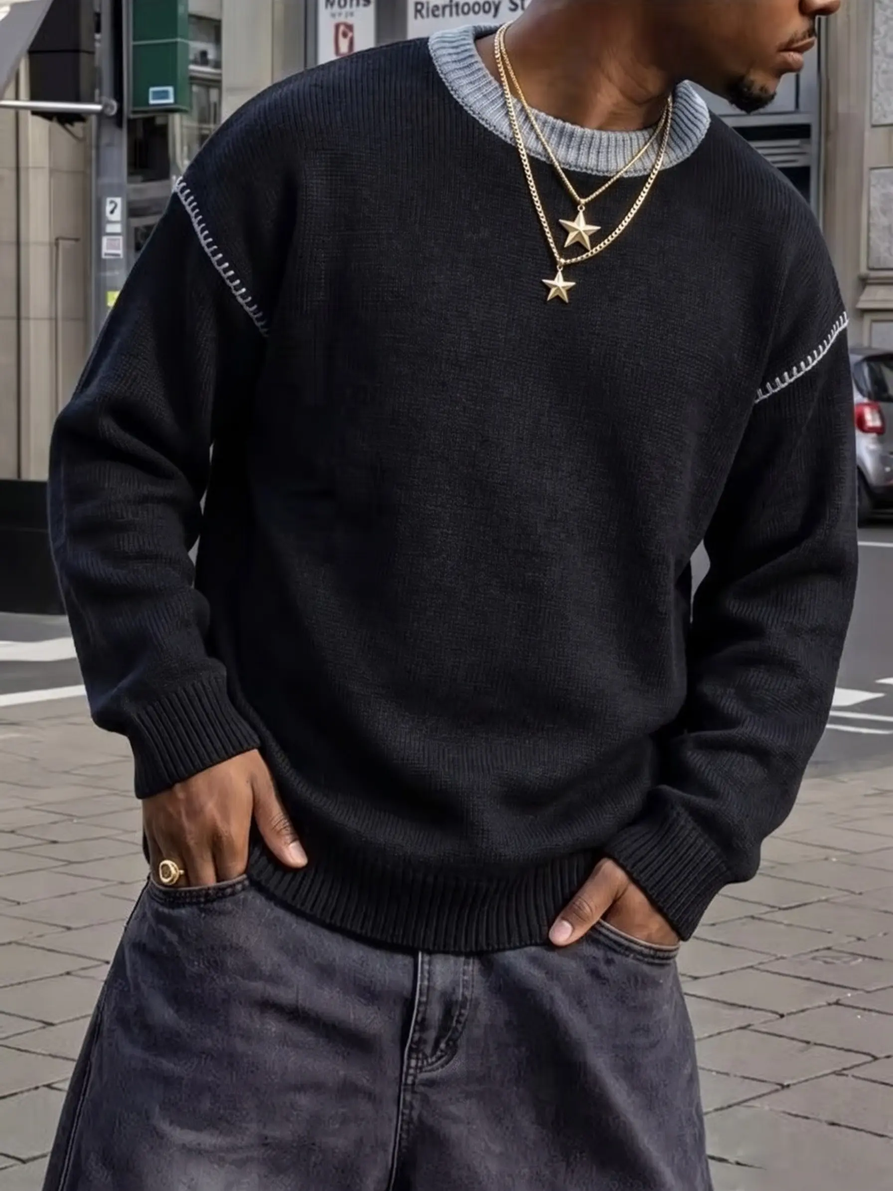 mens casual crewneck sweater pullover contrast stitching trim y2k streetwear aesthetic lightweight knitwear easy care machine washable cozy fall winter tops everyday loose fit black grey khaki beige S M L XL S-XL soft polyester durable shape retention