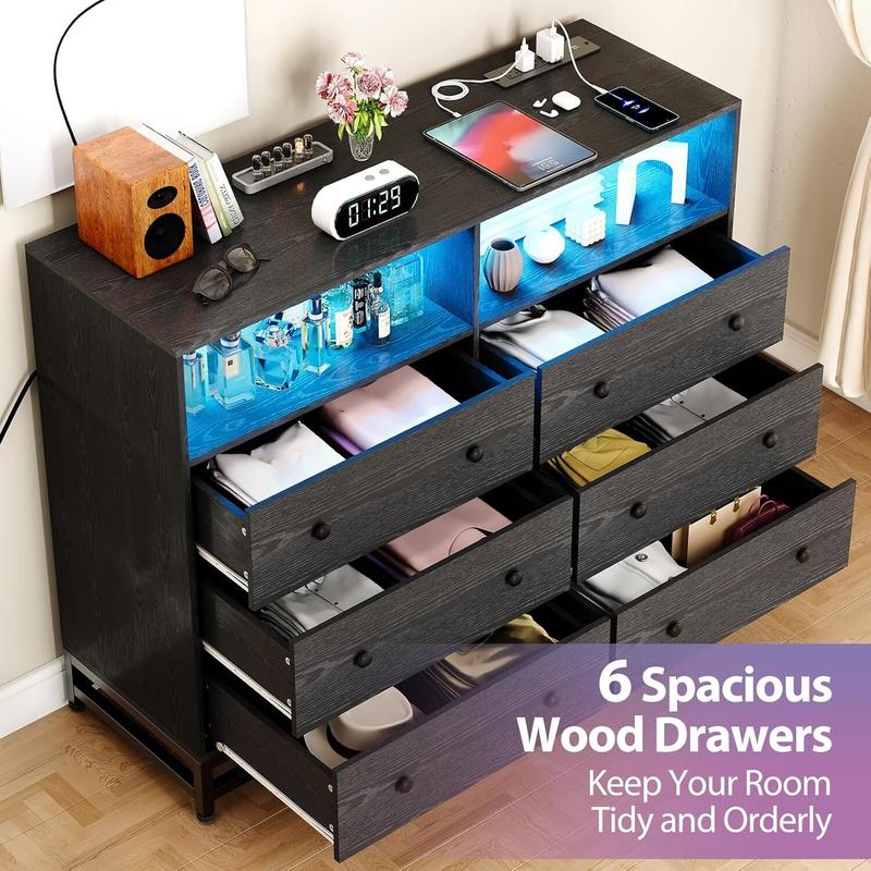 6 Drawer Dresser for Bedroom, Wide Wood Black Dressers Drawers with Led Lights and Power Outlets, Big Storage Dressers for Bedroom, Sturdy Modern Bedroom Dresser with Handle, Anti-Tilt Devices