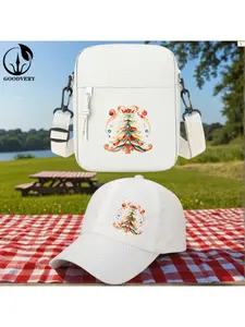 2pcs Colorful Watercolor Christmas Tree Decoration on Black Background Print, Unisex Baseball Cap & Crossbody Bag, Men's and Women's Fashion Street Suit, Unisex Sportswear, Unique Gift Ideas, Adjustable Polyester, Casual Outdoor Sports Accessories