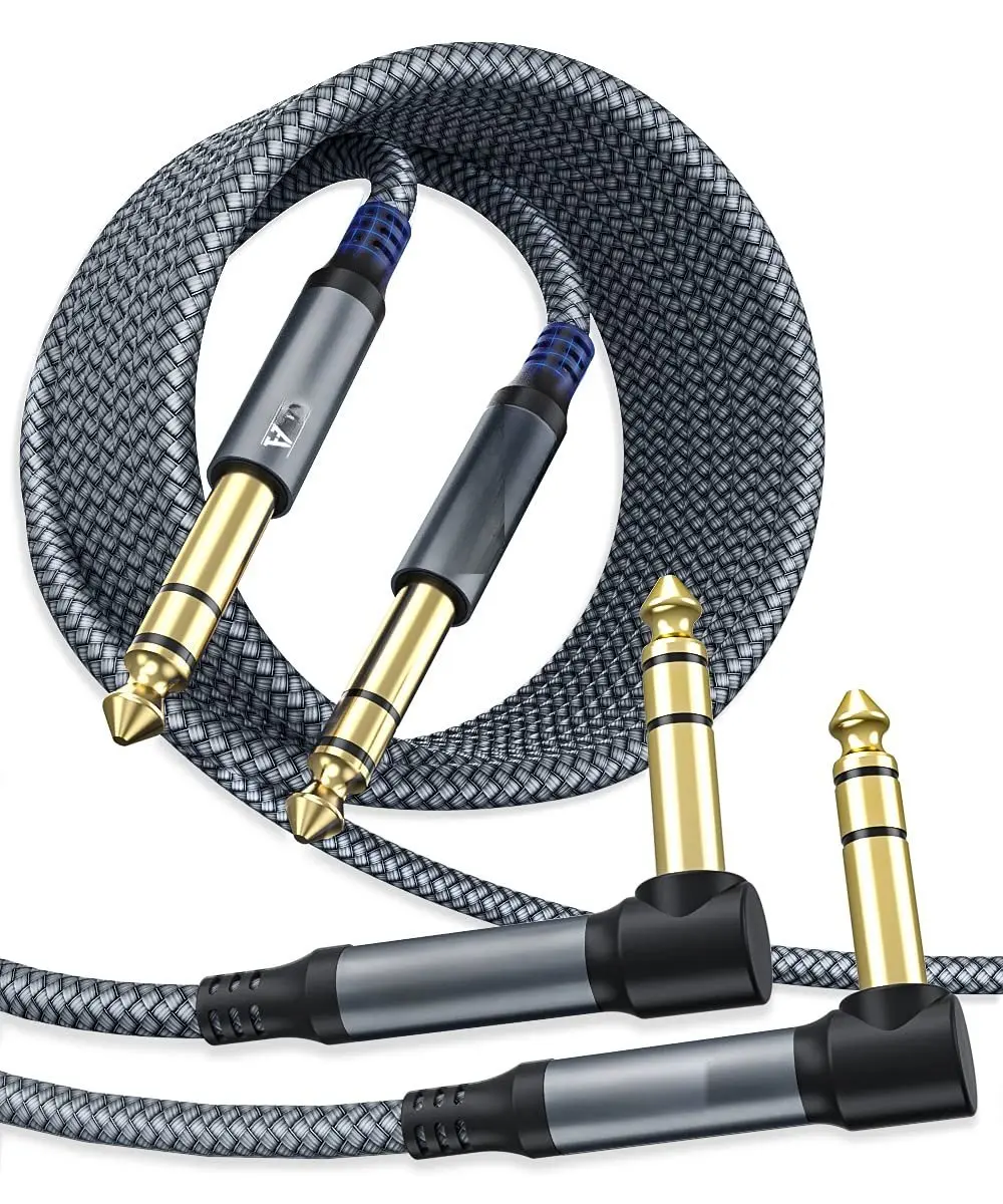 1/4 Inch TRS Instrument  (10ft 2Pack), Right Angle 6.35mm Male Jack Stereo Audio Interconnect Cord,Compatible for Bass,Keyboard,Mixer,Amplifier,Amp,Electric Guitar,Speaker