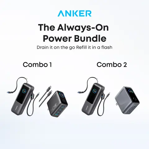 【The Always-On Power Bundle】 Anker Laptop power bank (25K, 165W, Built-In and Retractable Cables) and Anker Laptop Charger (140W, 4-Port, PD 3.1)