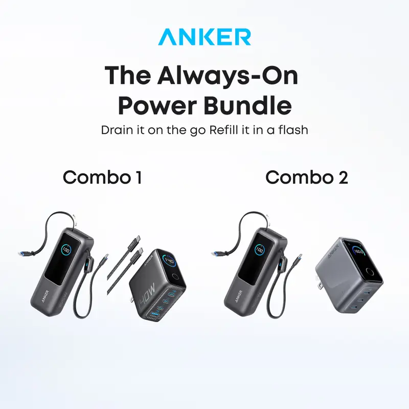 【The Always-On Power Bundle】 Anker Laptop power bank (25K, 165W, Built-In and Retractable Cables) and Anker Laptop Charger (140W, 4-Port, PD 3.1)