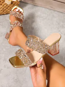 Summer New Rhinestone Buckle Thick Heel Rubber Sandals, Transparent Crystal High Heels, Champagne Gold Fairy Style Open Toe Shoes, Women's Footwear