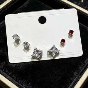 3 Pairs Square CZ Stud Earrings Set - Red Clear Mix Size Princess Cut Earrings for Women