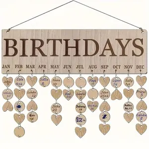 Wooden Birthday Calendar Hanging Sign, 50+ Customizable Hearts, Glam Style Family Wall Decor, Perfect for Holidays & Parties